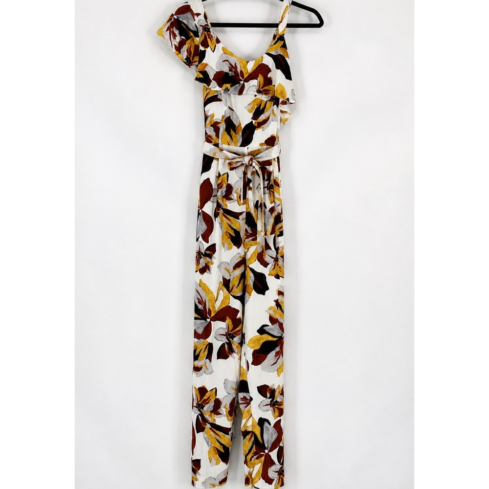 Jennifer Lopez Small Ivory Floral Jumpsuit One Shoulder Ruffle Tapered
